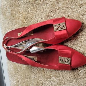 Gucci Red Satin Sandals, size 36, with silver 21/2 inch heel.